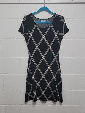 CeCe Black Knit Dress with Cream Lattice Pattern
